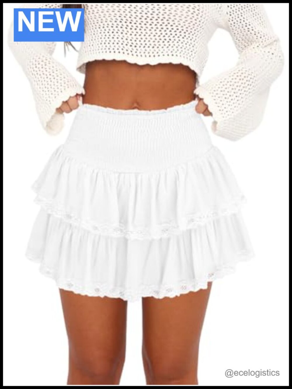 Women's Ruffle Skort Skirt High Waist Smocked Lace Trim Built-in Shorts